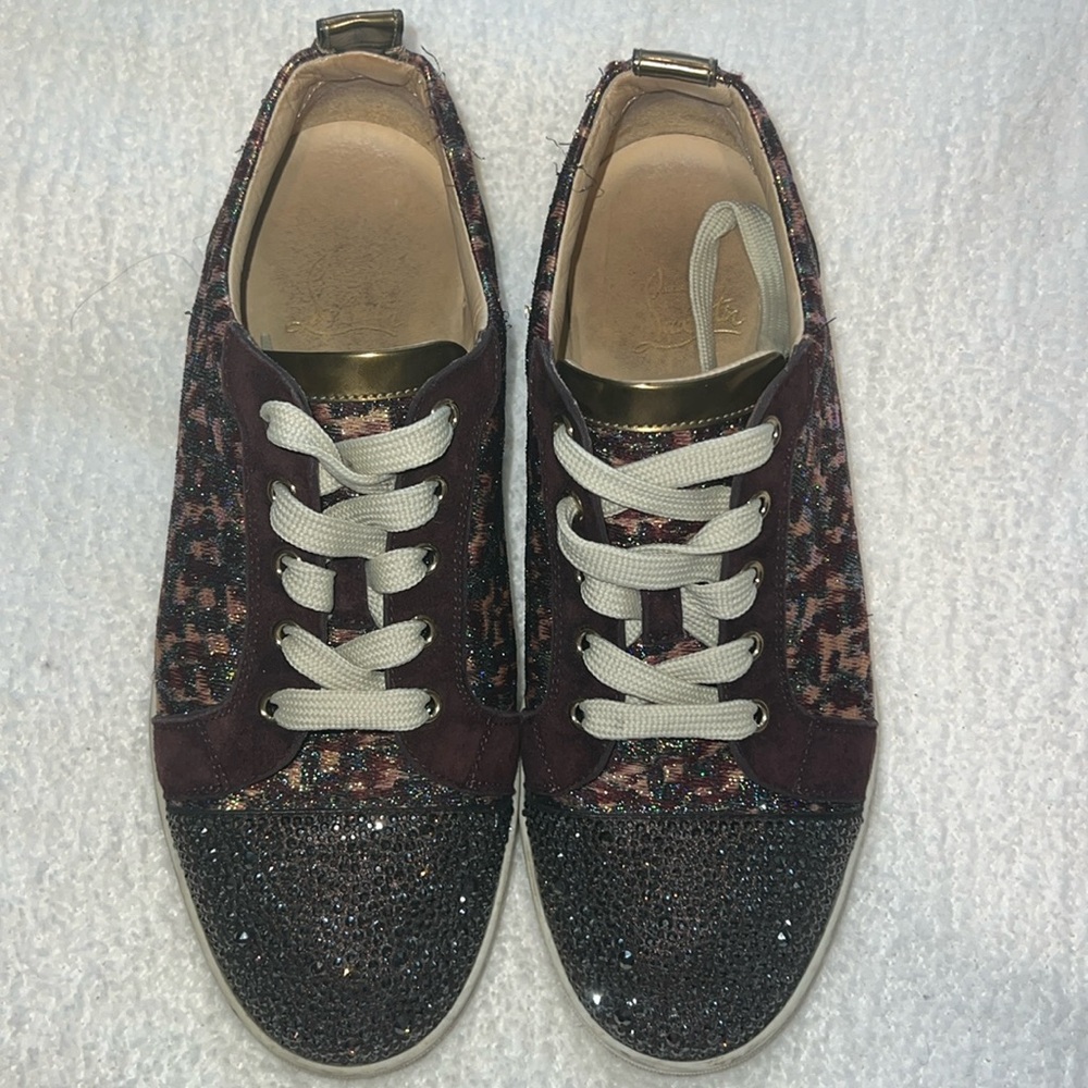 Christian Louboutin Burgundy and Black Glitter Low-Top Sneakers